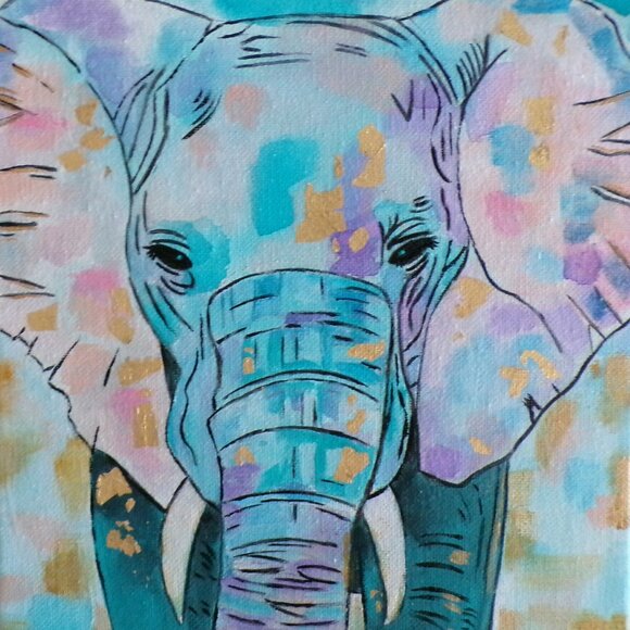 Original Painting Elephant Mixed Media Gold Leaf Abstract Realism Wall Art Decor - Picture 1 of 2